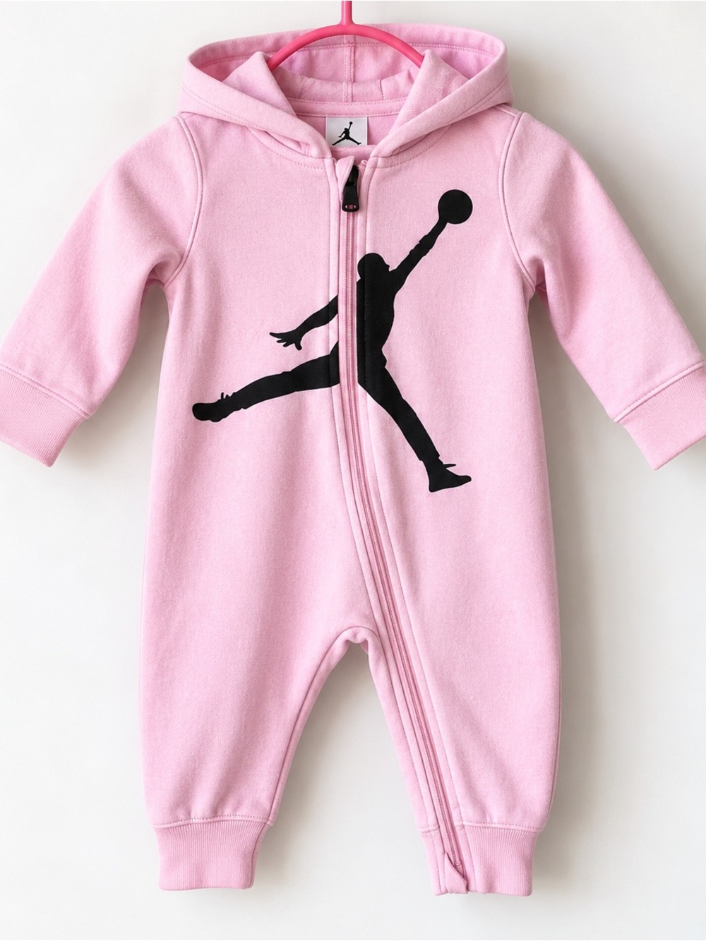 Jordan Baby Hooded One-Piece in Light Pink with Black Jumpman